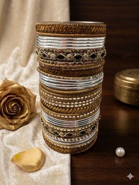 Gold and Silver Stacked Metal Bangles Bracelet Set